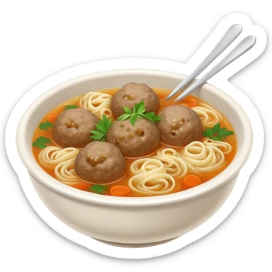 Cinematic Realistic Bakso Dish Emoji, showcasing savory meatball soup with noodles rendered with detailed textures and warm, inviting lighting. sticker
