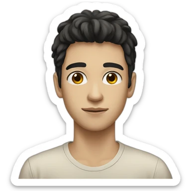 realistic white teenager.  he has black hair, he has black eyes, he also has a beige T-shirt, he is tall, he has an elongated neck and head sticker