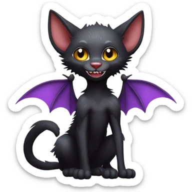Black vampiric magical Lykoi Cat-Fakémon with big fangs and bat wings on head and bat wings on back full body sticker