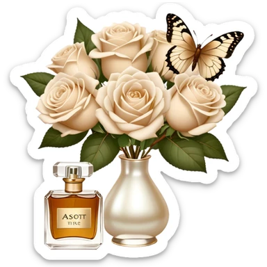 A bouquet of white Ascott tea roses next to a beige aesthetic and a brown beautiful butterfly and a gold silk ribbon and a beautiful flacon of aesthetically pleasing vintage-style perfume in pearl color sticker