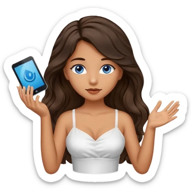 Girl with olive skin, blue eyes, brown dark insanely wavy long hair, white camisole, left hand palm up server style sticker