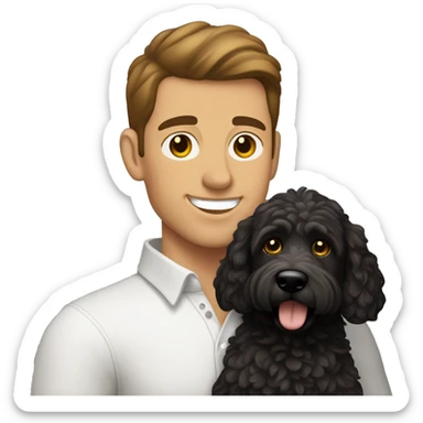 clean-shaven straight-haired brunette man holding black labradoodle sticker