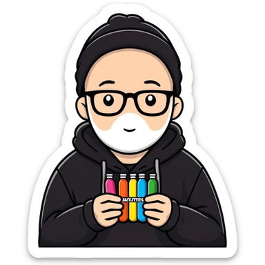 bald white guy with glasses, wearing a black beanie, black hoodie, skittles sticker