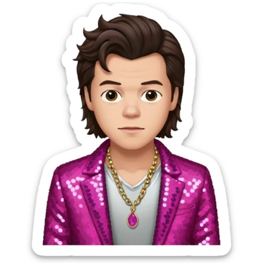 Harry Styles with light skin, long dark brown hair, dark pink sequin jacket, shirtless with necklace sticker