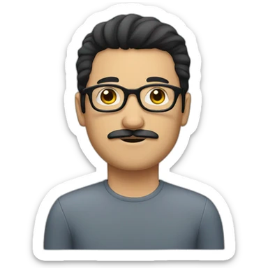 White guy with black hair, round glasses and moustache sticker