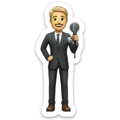 white journalist standing confidently while holding a microphone. The journalist should be in professional attire sticker