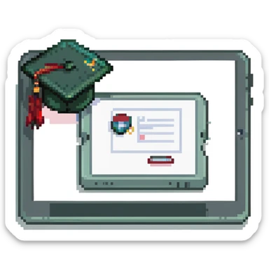 a graduation cap and diploma next to a tablet displaying an online course, pixel art style sticker
