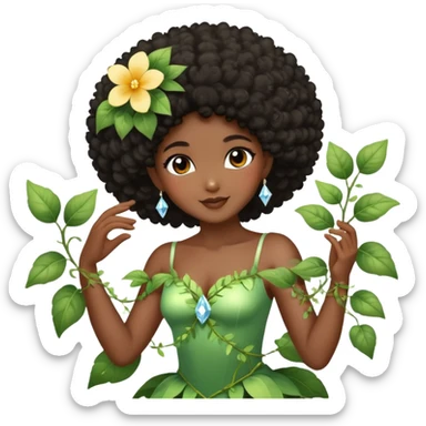Dreamy diamond nature fairy with brown eyes Afro black hair dark skin touching a flower vine dancing sticker