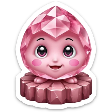 A single cute pink crystal cluster character, chunky round base with many tall rose-pink crystal quartz cluster, faceted and slightly imperfect, on the front of the base a kawaii face with big shiny eyes and a happy open smile very shiny sticker