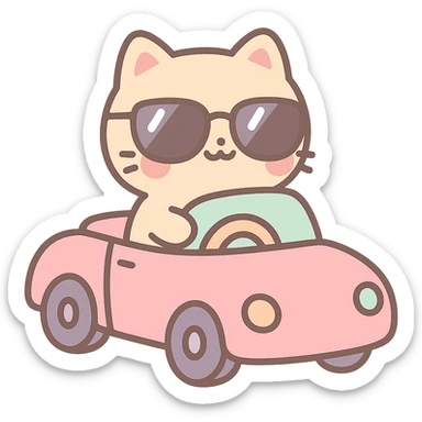 chat avec des lunettes de soleil dans une voiture décapotable, style kawaii sticker