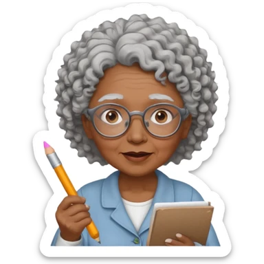 old woman teacher, brown skin, curly grey white hai, wearing glasses, hold chalk on hand sticker