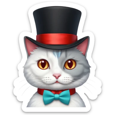  Kater in grau weiß, mit schwarzem Zylinder, der eine rote Banderole auf dem Kopf hat, der etwas schräg ist, so dass nur ein Ohr zu sehen ist. Der Kater schaut gerade nach vorne und am Hals hat er eine kleine, rote Schleife. Die Augen sind türkisfarben am funkeln mit kleinen, weißen Lichtreflexen. sticker