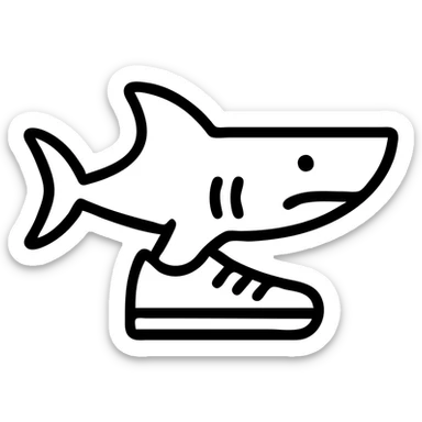 shoe-wearing shark, icon style, outlined, monochrome, high contrast, stylized for logo use sticker