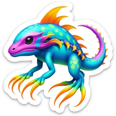 Exotic futuristic lush warm-colored neon tropical Fakémon-Fionbri-creature with cool-colored splash markings  sticker