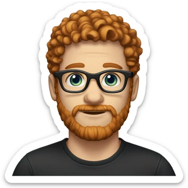 35 year old, male, short curly red hair, pale, thick beard, blue eyes, white glasses, black shirt sticker