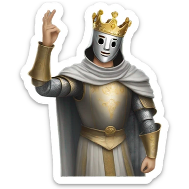 king baldwin IV in silver full face mask up who raises his right hand with the mask sticker