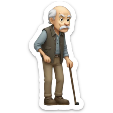 Old man leaning on a walking cane and holding his crancky back with his hand, grumpy face, detailed sticker