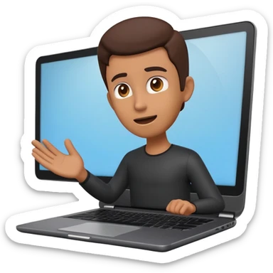 A dark-colored laptop with the screen open. From the screen, a person is emerging, giving a lecture or teaching. The person should look expressive and in a teaching pose. Soft shadows, semi-3D emoji style, clean background. sticker
