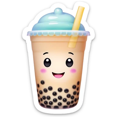 Cinematic pastel-colored bubble tea, chubby cup with a smiling face, tiny black tapioca pearls peeking out, soft glowing background, playful and adorable. sticker
