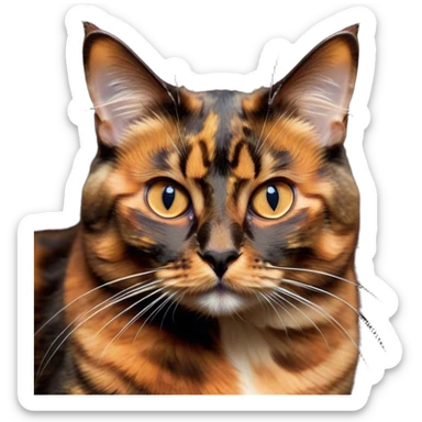 Cinematic Noble Tortoiseshell Cat Portrait Emoji, Poised and dignified, showcasing a luxurious, mottled fur of rich browns and blacks, with elegantly arched whiskers and a determined yet gentle expression, simplified yet meticulously detailed, glowing with a subtle, regal radiance, high shine, embodying quiet nobility and refined charm, soft glowing outline, capturing the essence of a sophisticated tortoiseshell cat exuding quiet authority! sticker