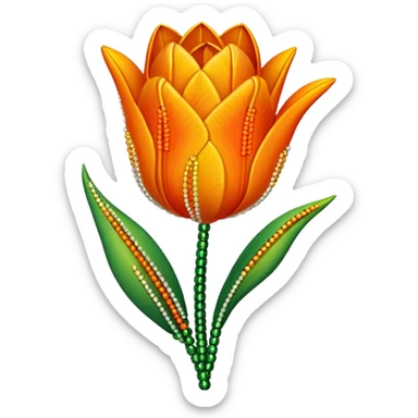 french beaded tulip, floral craft, sparkling glass beads, orange and yellow gradient petals, green foliage, realistic, elegant, no background sticker