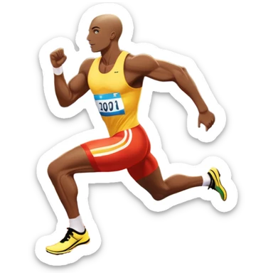 An icon depicting a sprinter in mid-run on a track, muscles tense with speed. The background shows a vibrant stadium filled with cheering fans, bright lights illuminating the track, and a clear sky above. The energy of the race and the thrill of competition are captured in motion.  sticker
