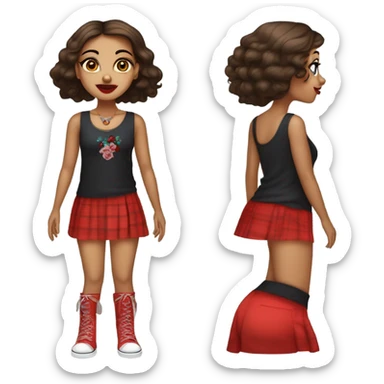 Una chica de cabello azabache con cuerpo voluptuoso con sus labios pintados de rojo con un vestido rojo y ojos azules fuertes alado de un chico de cabello negro con tatuajes por el cuerpo de ojos grises vestido con un pantalón negro y una blusa negra sticker