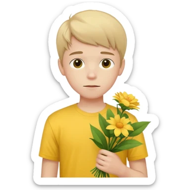 generate an ios genmoji of a 20 year old fair boy with 3 very faint upper lip  hair. should look like he cant grow a mustache., carrying a flower bouquet, wearing a yellow tshirt, looking shy sticker