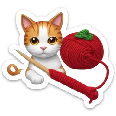 yarn with a crochet hook and a red and white cat nearby sticker