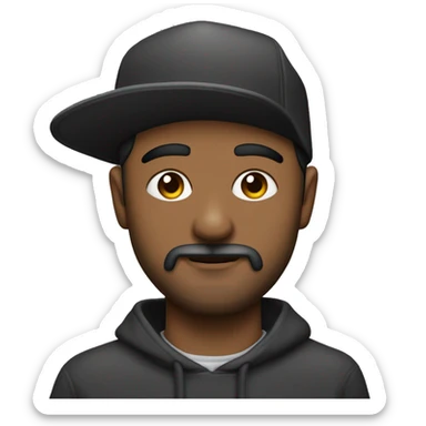 Hombre de tez clara, con ojos claros, barba fina y perilla, gorra negra bordada, y sudadera gris. Expresión relajada y estilo urban sticker