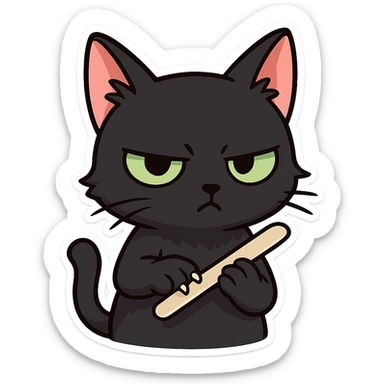 A black cat with an impatient expression is sharpening its claws with a nail knife sticker