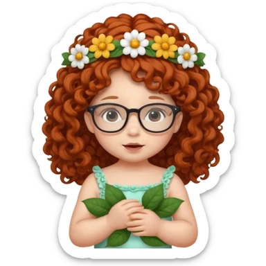 baby with big flower tiara dark ginger long curly hair and glassess sticker