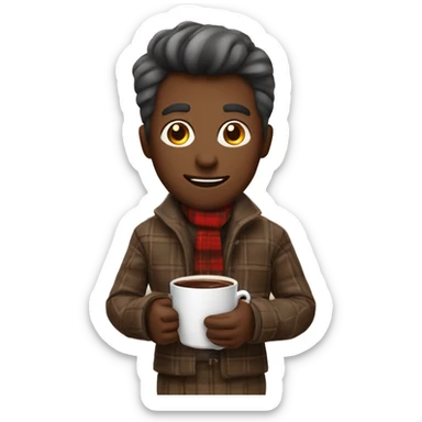 A man with a plaid on his neck holding a hot Cup of chocolaté sticker