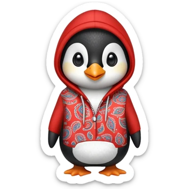 penguin wearing a red paisley pattern hoodie sticker