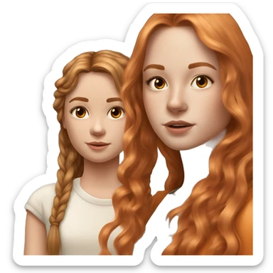 serene two girls. one has tan skin wavy brunette hair and the other has pale skin natural soft orange hair delicate fringe. standing together in gentle light. calm and content. hyper-realistic soft textures fine details glow on skin sticker