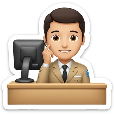 man in receptionist uniform thinking with his hand sticker
