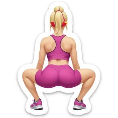 buxom blonde fitness trainer, back view, bending over, squatting on soles, SFW, sporty outfit, playful pose, no nudity sticker