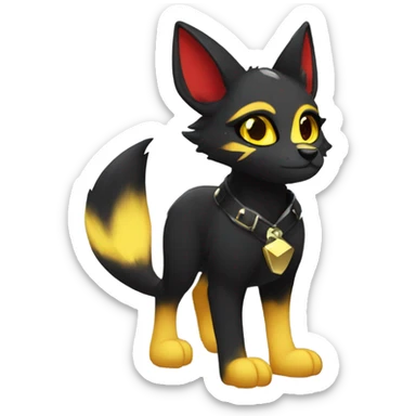 black Shiny Fionbri-Falvie-sparkle-sona with yellow eyes, red edgy markings full body fursona sticker