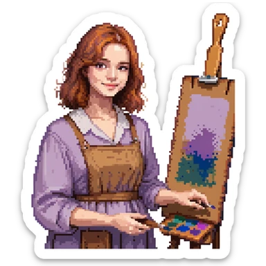 Serene female oil painter, Caucasian features, shoulder-length auburn hair, soft brown eyes, gentle smile, wearing a violet painter’s smock lightly stained with paint over a beige blouse, holding a wooden palette with vibrant colors in one hand and a brush in the other, waist-up, front-facing sticker