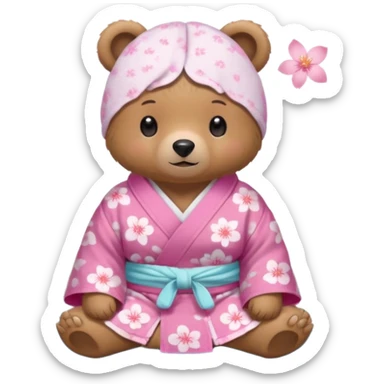 A cute light-brown bear wearing a pastel pink sakura-patterned yukata loosely, normal balanced body ratio.  
Relaxing in a warm hot spring with steam around, a small towel on the head, peaceful happy expression.  simple scenic background with rocks. sticker