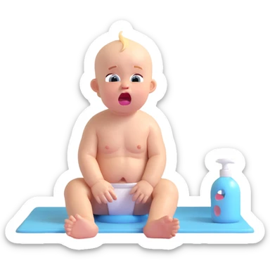 baby crying loudly, sitting on the bathroom floor, refusing to take a shower sticker