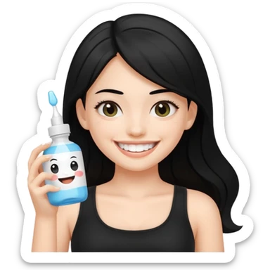 a fair-skinned girl with beautiful black hair, wearing a black crop top, smiling widely with very white teeth, holding a whitening serum bottle, Genmoji emoji style sticker