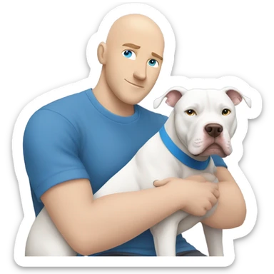bald white man with blue eyes and blue tshirt Hugging large grey pit bull sticker