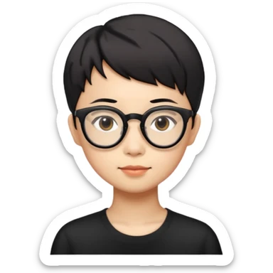 singapore chinese, black very short hair, wear black frame glasses, relatively thin, pokey face sticker