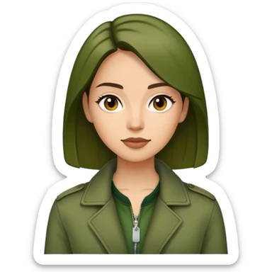 woman wearing dark olive green jacket over a lighter green top sticker