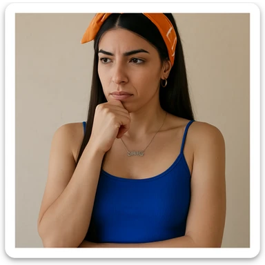 Create a hyperrealistic 4K image of a thoughtful woman, almost full figure, with her hand under her chin, inspired by the reference image. She has a reflective expression and a neutral background. This is variant 7 with a changed arm position. sticker