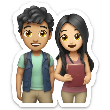 Cute Asian couple (girl with wavy long hair guy with short straight hair) excitedly traveling  sticker
