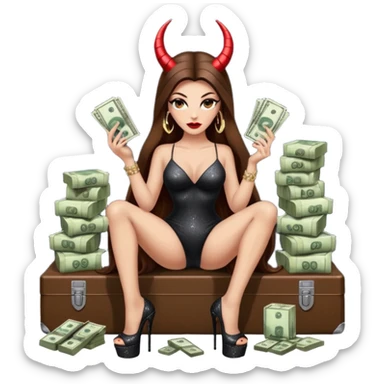 Sensual seductress long brown straight haired sexy drug lord woman with  glitter platform high heels on her feet,  and devil black horns on her head, holding a stack of cash, has a phone in other hand. Sitting on  Cases of drugs. Evil  sticker