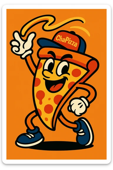 dynamic pizza slice mascot tossing cheese, with 'ChaPizza' on its hat, vibrant energetic style sticker