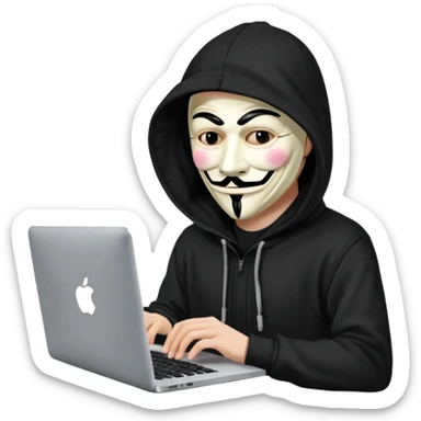guy fawkes mask black hoodie typing on macbook sticker